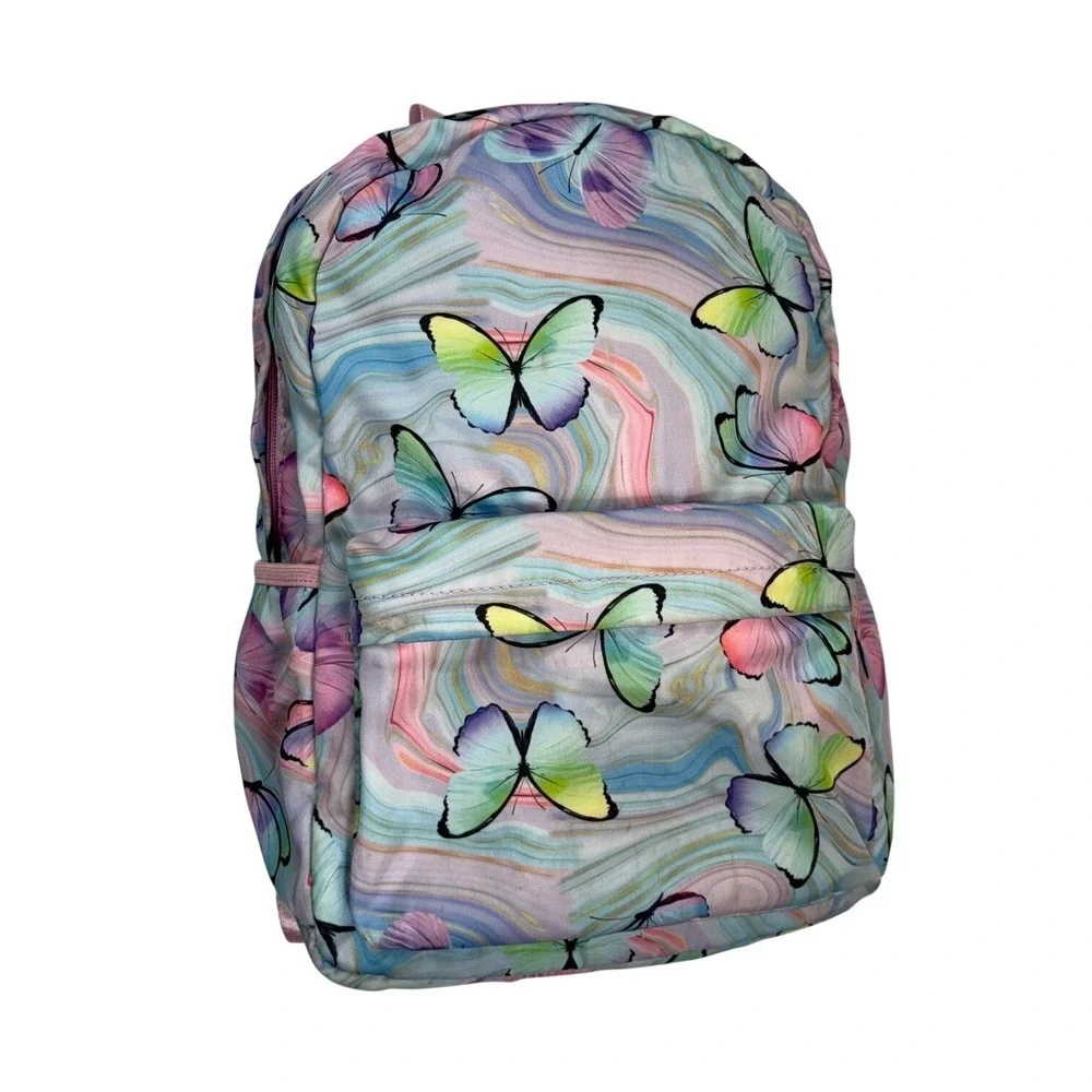 Girls Pastel Butterfly Print Backpack Pink Marbled School Bag‎ with Mesh Back